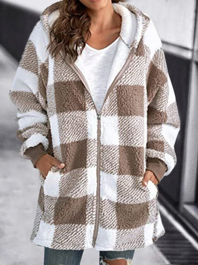 Fleecejacke mit karierter Kapuze und Reißverschluss in Übergröße