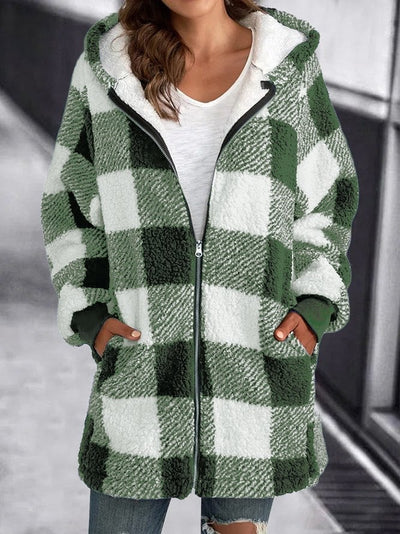 Fleecejacke mit karierter Kapuze und Reißverschluss in Übergröße