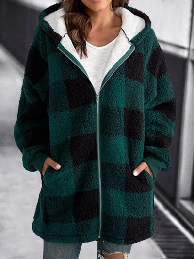 Fleecejacke mit karierter Kapuze und Reißverschluss in Übergröße