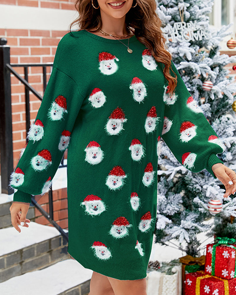 Lässiges Pulloverkleid mit Weihnachtsmann-Print