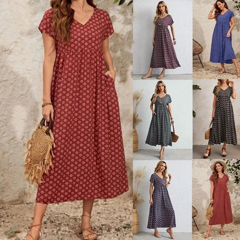 Aganietta - Neues Vintage-Kleid mit V-Ausschnitt aus natürliche Textur und soft-touch-stoff