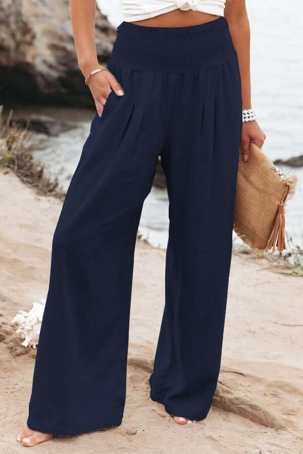 Pantalon Damen aus natürliche Textur Breezeflow elastischer Bund weiter Schnitt Sommer 2025