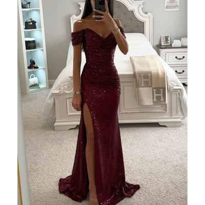 Sommerabendkleid für Frauen - langes, paillettenbesetztes, tief ausgeschnittenes Kleid mit Schlitz für Hochzeit und Party