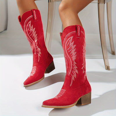 Bestickte Damen-Cowboystiefel mit spitzer Zehe und mittlerem Absatz
