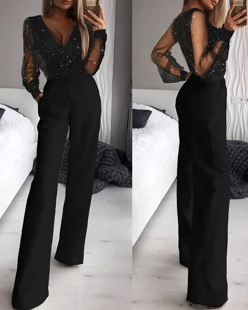 Veronica - Glitzer-Mesh Langarm-Jumpsuit mit weiten Beinen