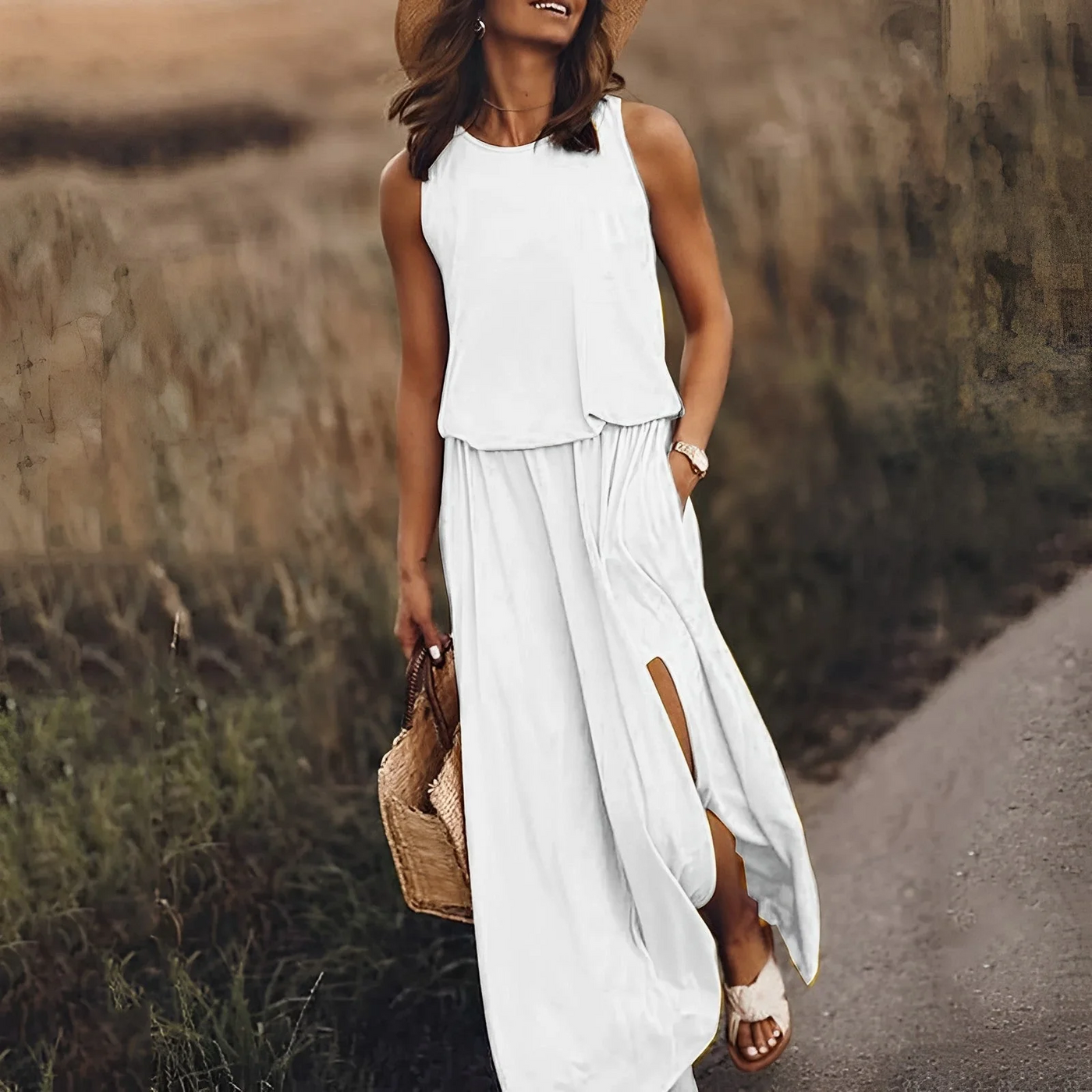 Monica - Unbeschwerte Eleganz Maxikleid ohne Ärmeln