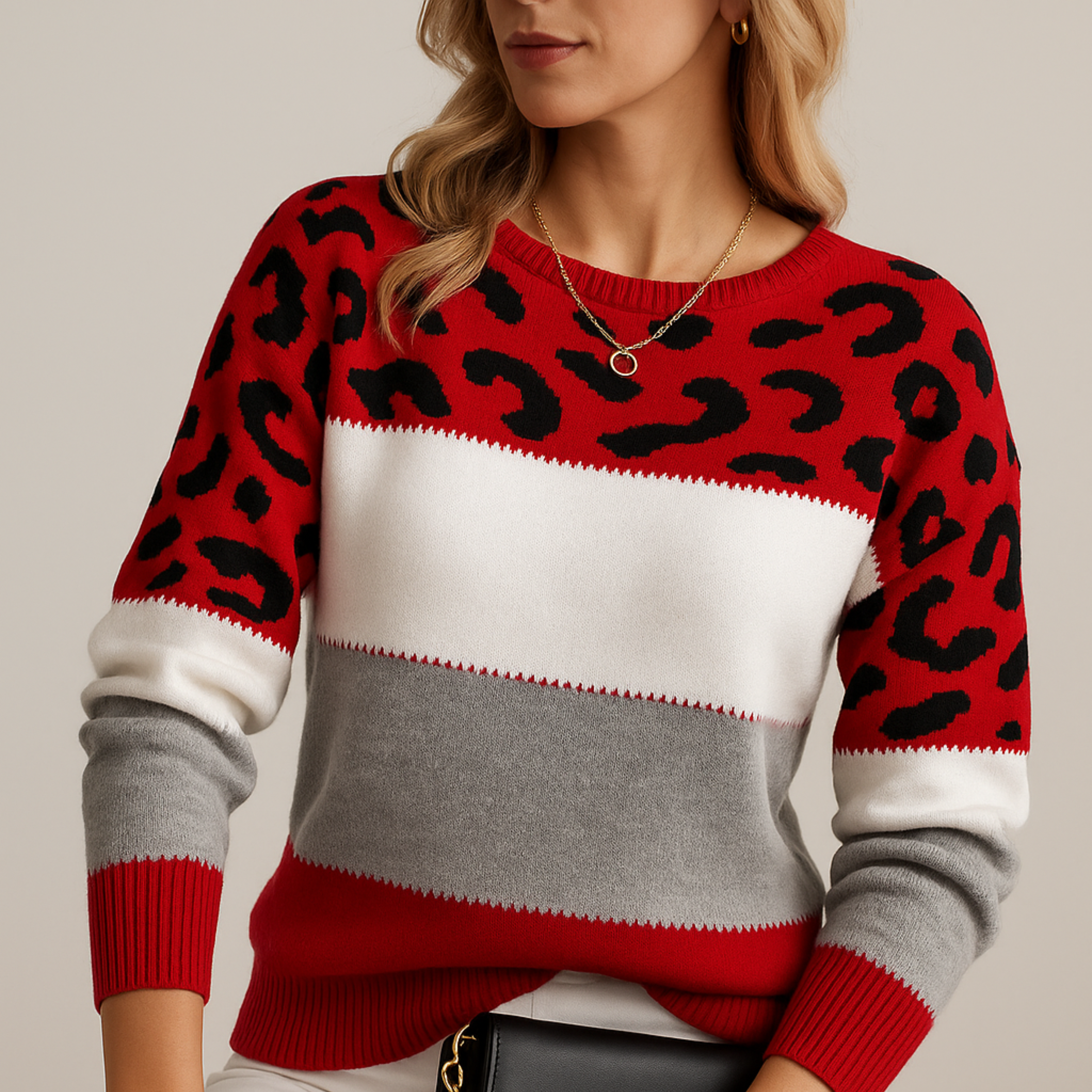 Gestreifter Pullover mit Leopardenmuster und Farbblöcken