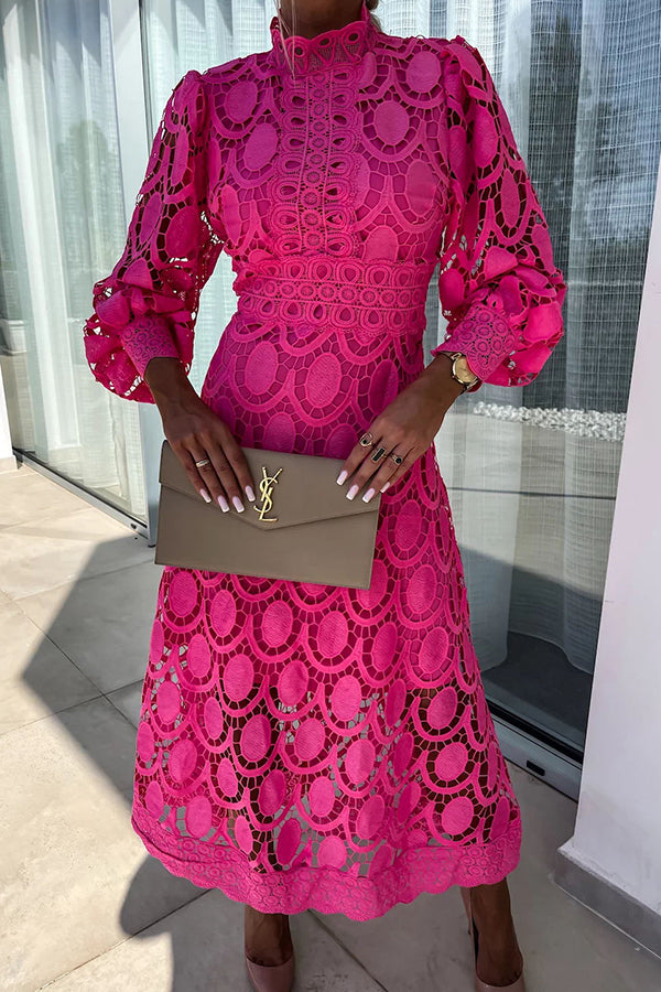 Midikleid aus Spitze für Frauen - Elegantes Kleid mit hohem Kragen und langen Puffärmeln