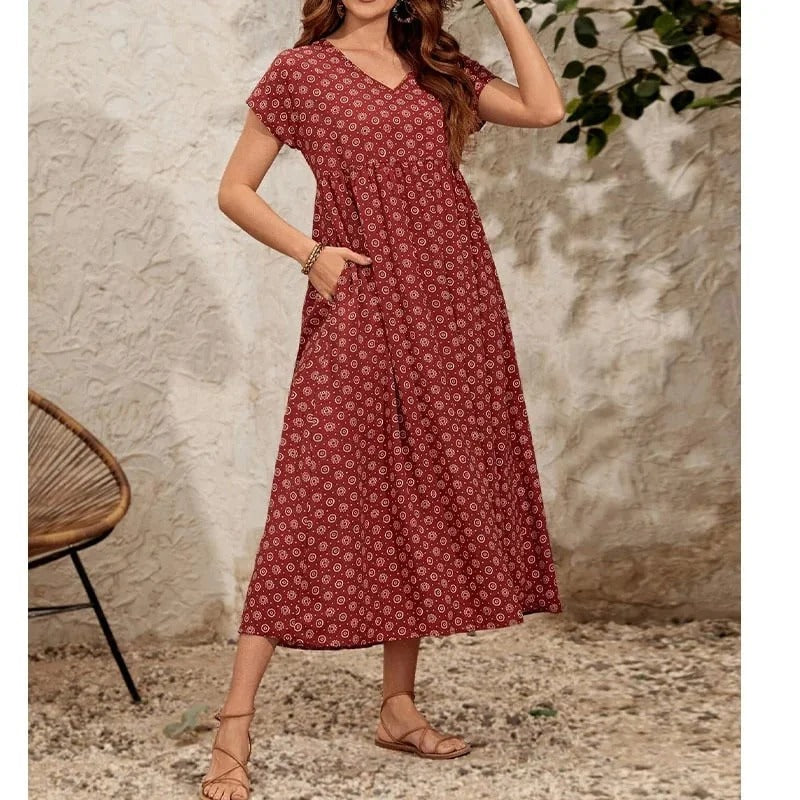 Aganietta - Neues Vintage-Kleid mit V-Ausschnitt aus natürliche Textur und soft-touch-stoff
