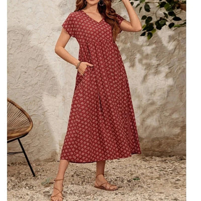 Aganietta - Neues Vintage-Kleid mit V-Ausschnitt aus natürliche Textur und soft-touch-stoff