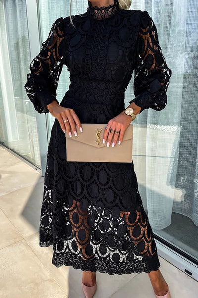 Midikleid aus Spitze für Frauen - Elegantes Kleid mit hohem Kragen und langen Puffärmeln
