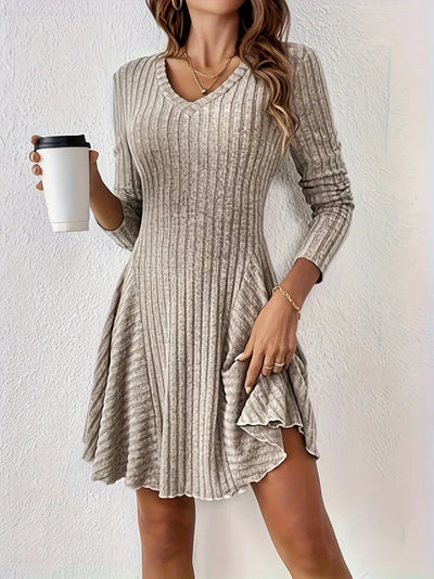 Stilvolles Geripptes V-Ausschnitt A-Linie Langarm Elegantes Kleid Für Damen | Ideal für jeden Anlass