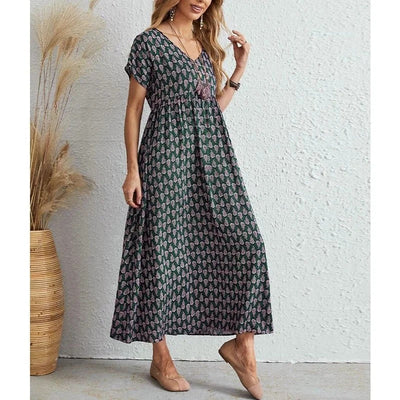 Aganietta - Neues Vintage-Kleid mit V-Ausschnitt aus natürliche Textur und soft-touch-stoff