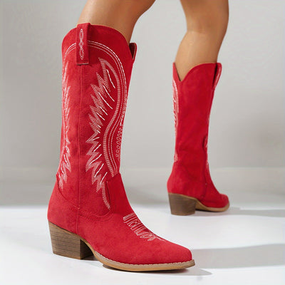 Bestickte Damen-Cowboystiefel mit spitzer Zehe und mittlerem Absatz