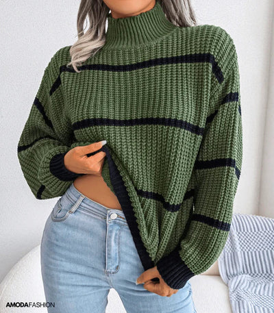 Gestreifter Pullover mit Rollkragen und langen Ärmeln, gestrickt