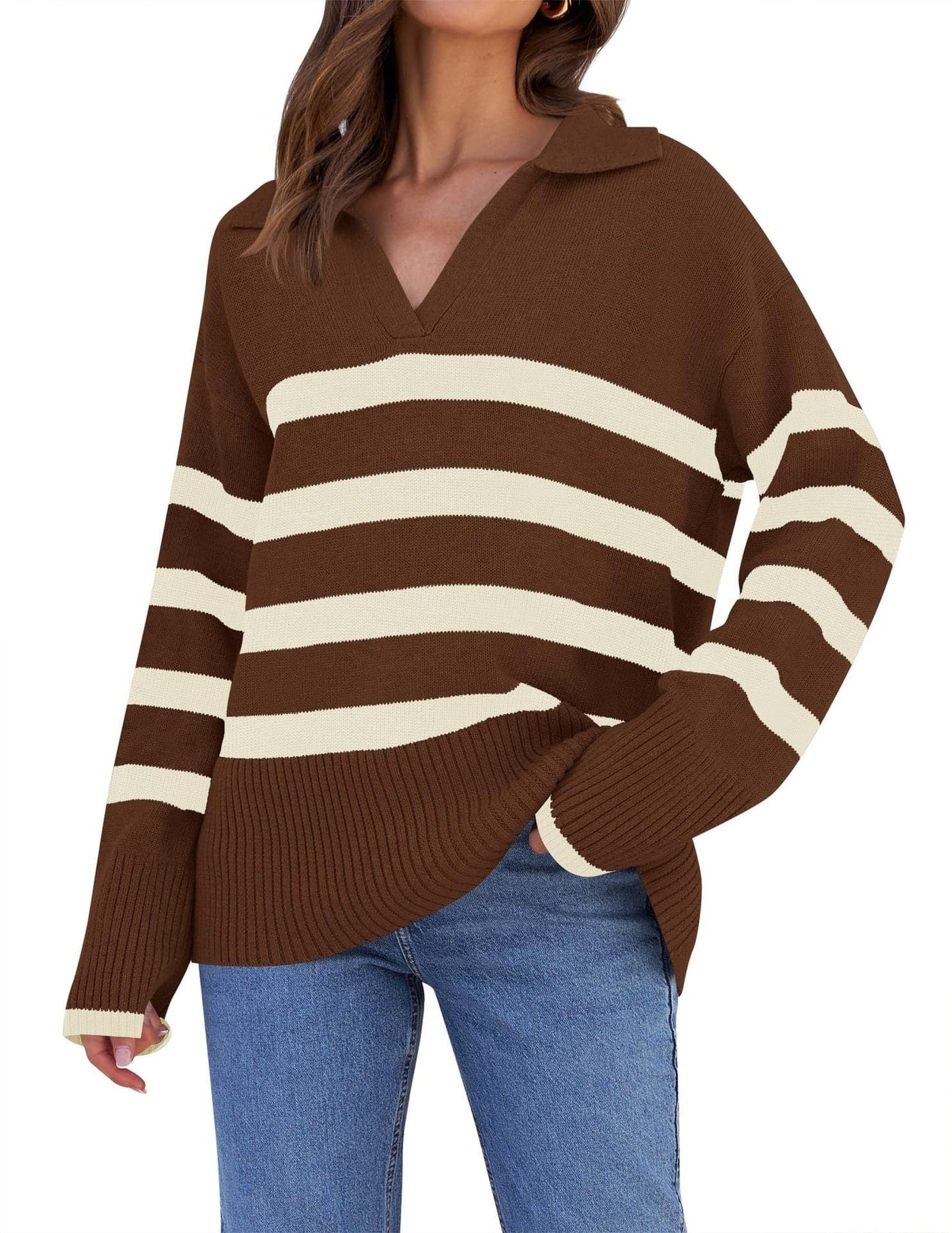 Gestreifter Strickpullover mit Kragen für Damen | Perfekt für alle Jahreszeiten
