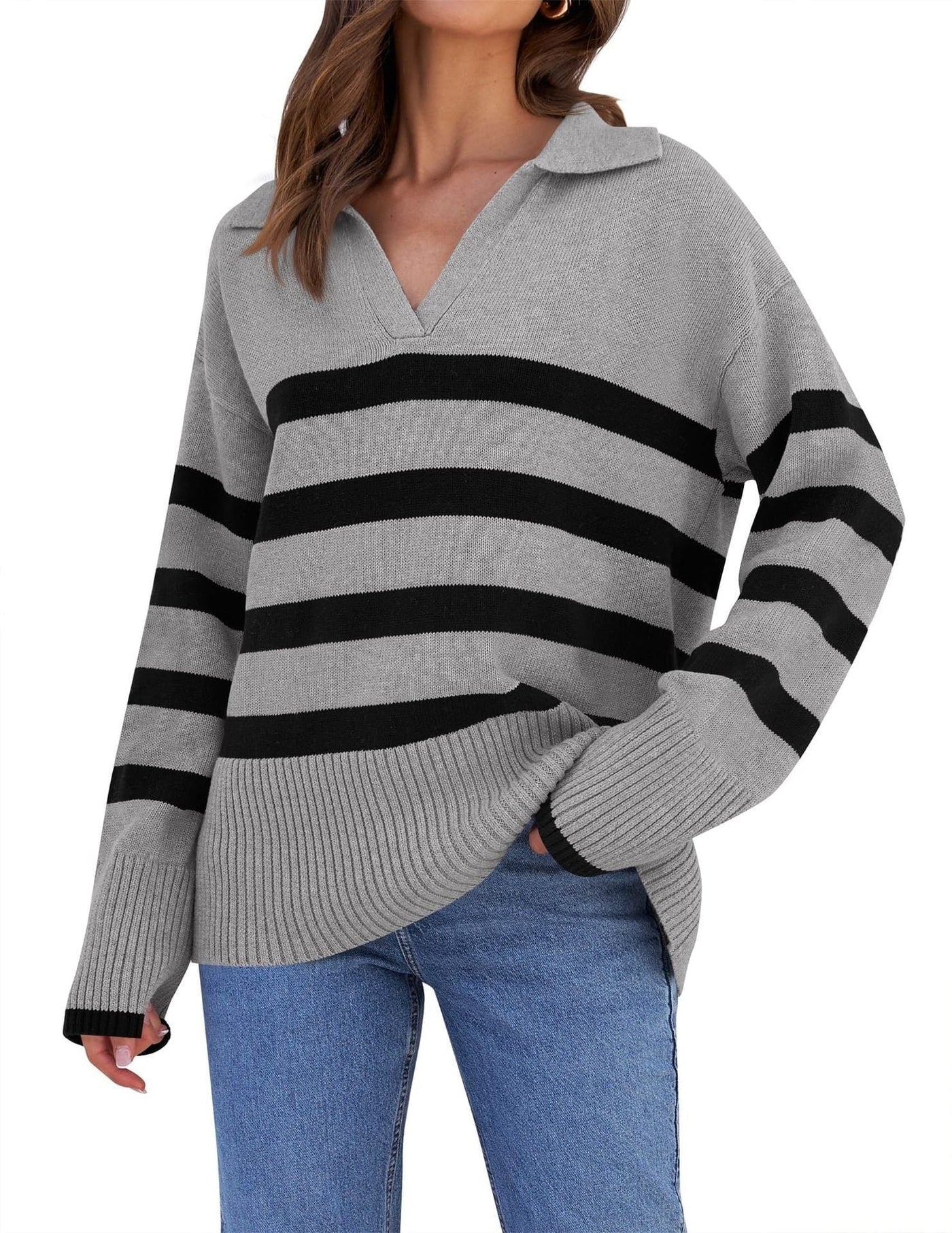Gestreifter Strickpullover mit Kragen für Damen | Perfekt für alle Jahreszeiten