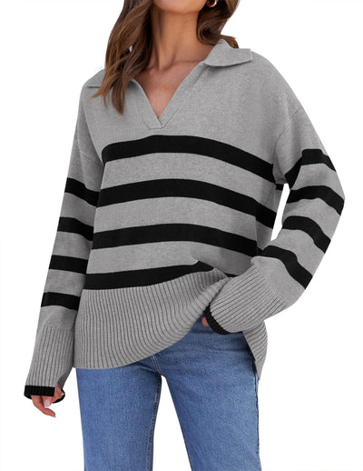 Gestreifter Strickpullover mit Kragen für Damen | Perfekt für alle Jahreszeiten