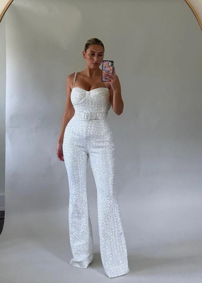 Jumpsuit för kvinnor med paljettbälte och utsvängda ben