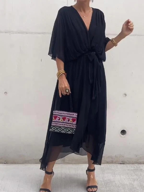 Fließendes Sommerkleid für Frauen mit V-Ausschnitt und Taillengürtel