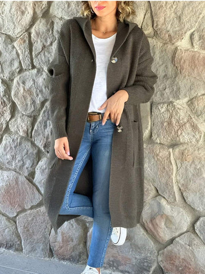 Beigefarbene Kapuzenjacke aus Strick für Frauen