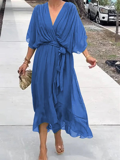 Fließendes Sommerkleid für Frauen mit V-Ausschnitt und Taillengürtel