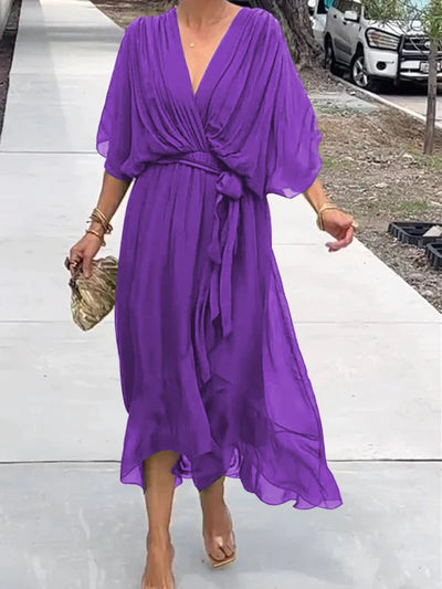 Fließendes Sommerkleid für Frauen mit V-Ausschnitt und Taillengürtel
