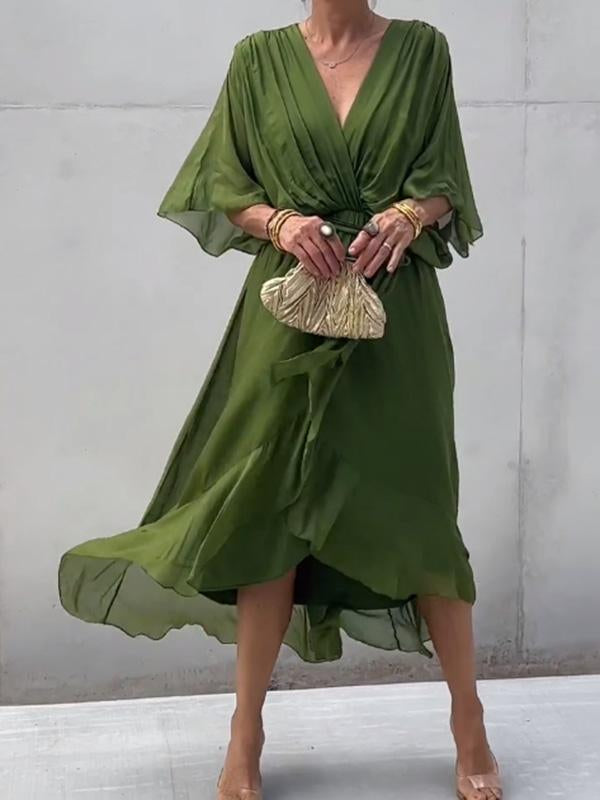 Fließendes Sommerkleid für Frauen mit V-Ausschnitt und Taillengürtel