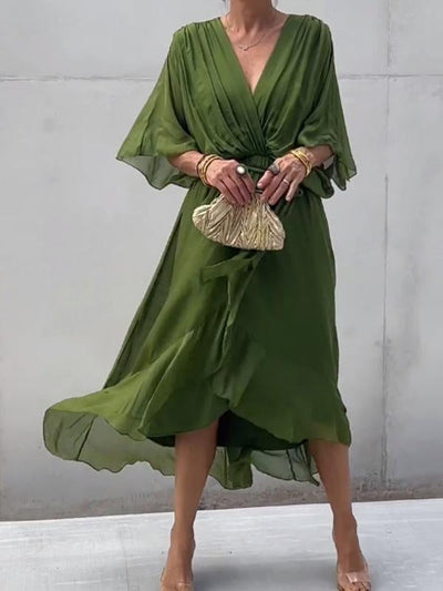 Fließendes Sommerkleid für Frauen mit V-Ausschnitt und Taillengürtel