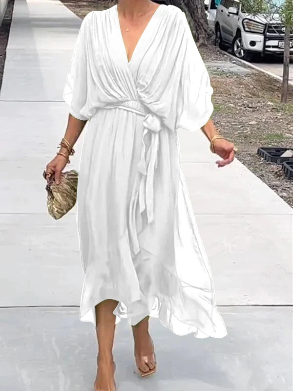 Fließendes Sommerkleid für Frauen mit V-Ausschnitt und Taillengürtel