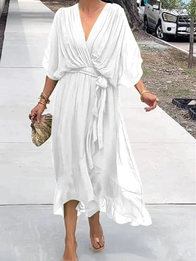 Fließendes Sommerkleid für Frauen mit V-Ausschnitt und Taillengürtel