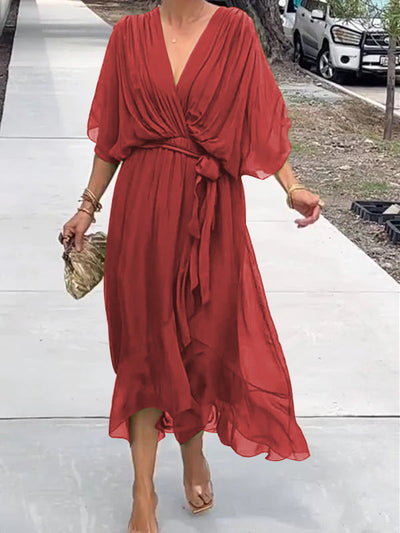 Fließendes Sommerkleid für Frauen mit V-Ausschnitt und Taillengürtel