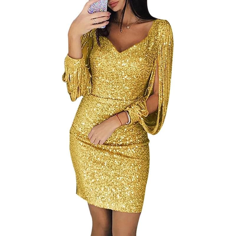 Glitzerkleid mit ausgeschnittenen Ärmeln