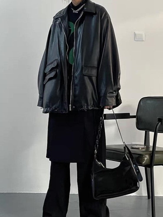 Schwarze vegane PU Lederjacke im Retro-Look in Übergröße mit Reißverschluss