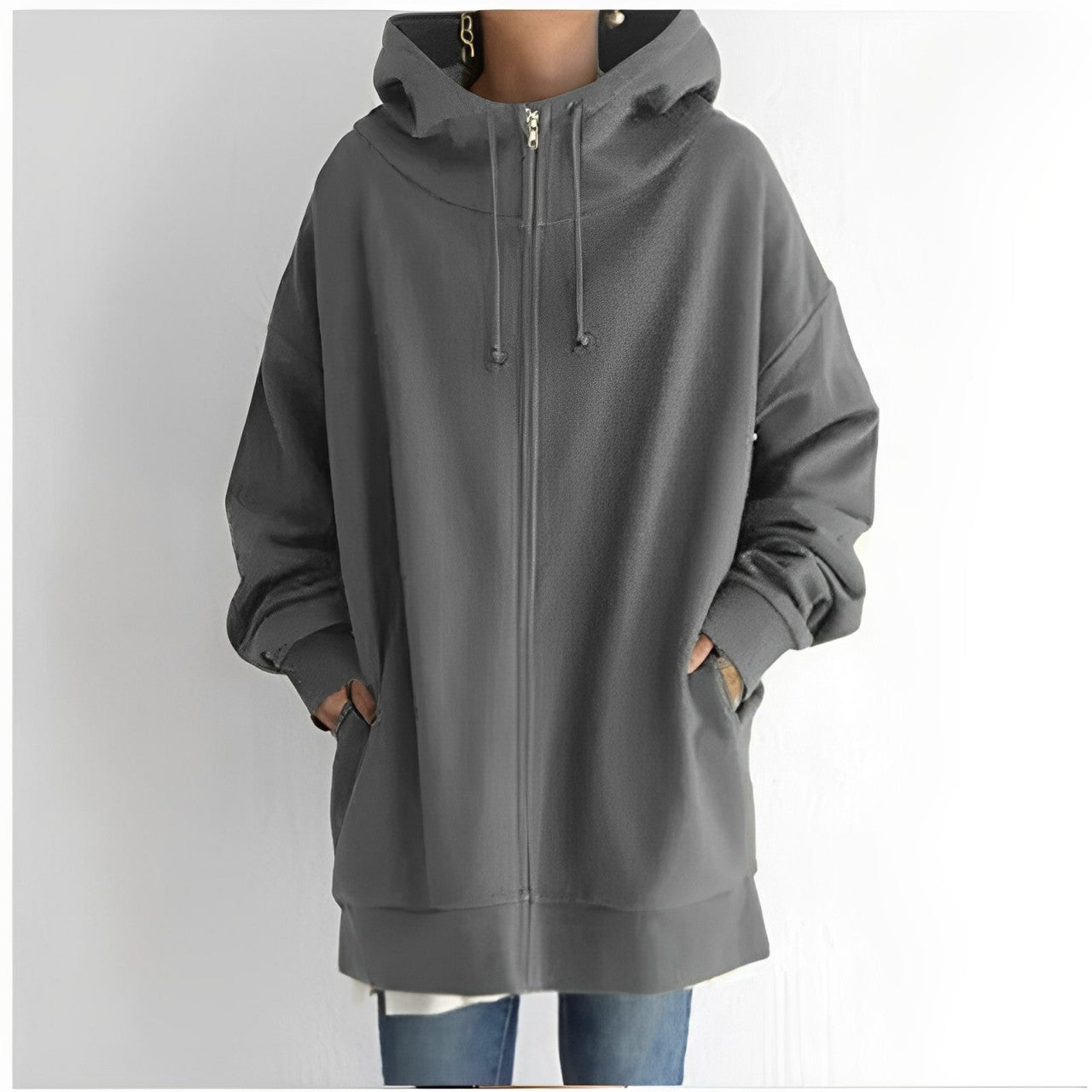 Lange Jacke mit Kapuze und Kordelzug für Frauen