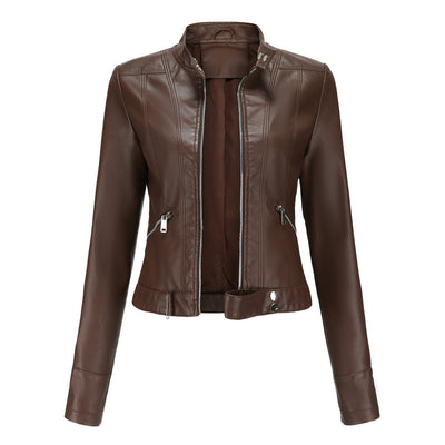Damen PU Lederjacke mit Reißverschluss, hohem Kragen und Gürtel