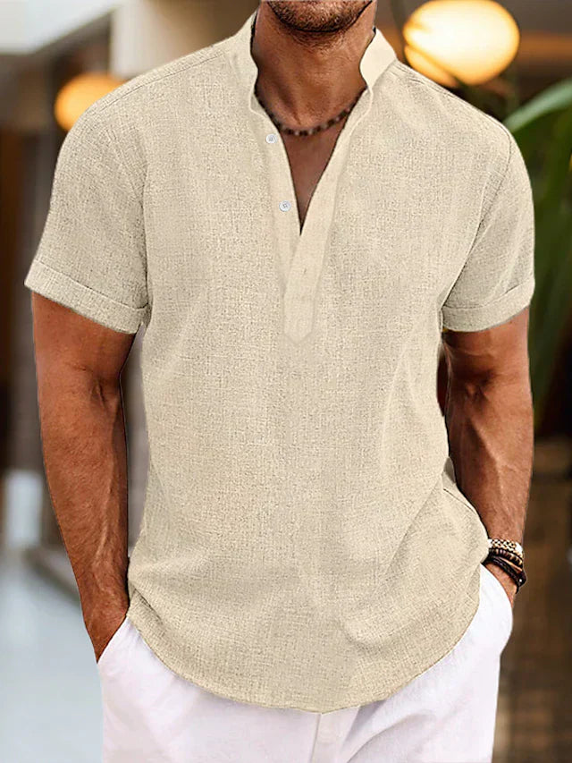 Silas Leinenhemd für Herren - Atmungsaktives Sommerhemd mit Henley-Kragen und kurzen Ärmeln